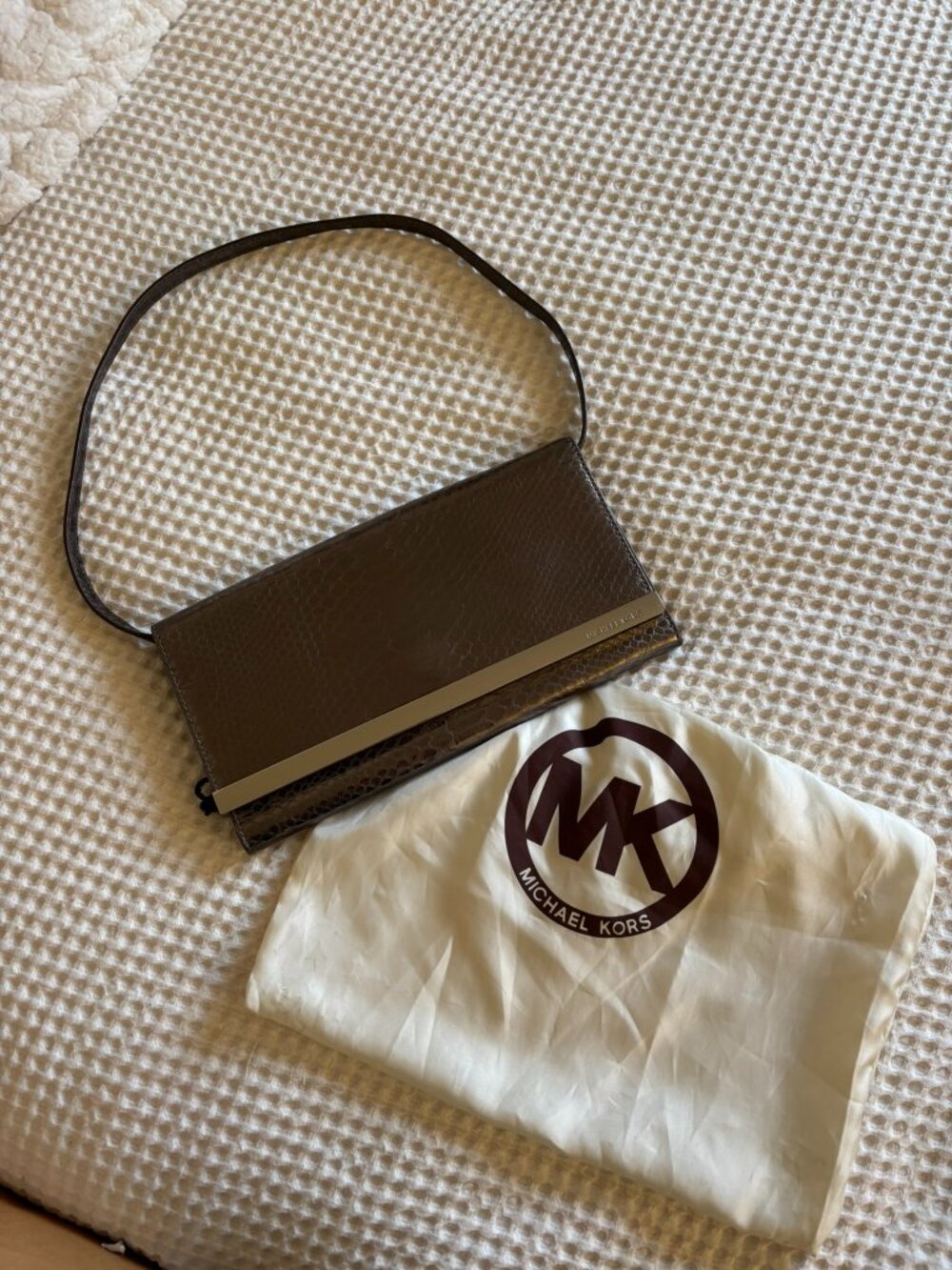 Michael Kors Snakeskin Embossed Leather Shoulder Bag Brown Bronze 11” + Dust Bag